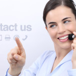 contact us, customer service operator woman with headset smiling and touch icon